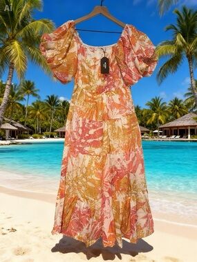 Abstract Tiered Maxi Dress with Puff Sleeves in Coral & Mustard